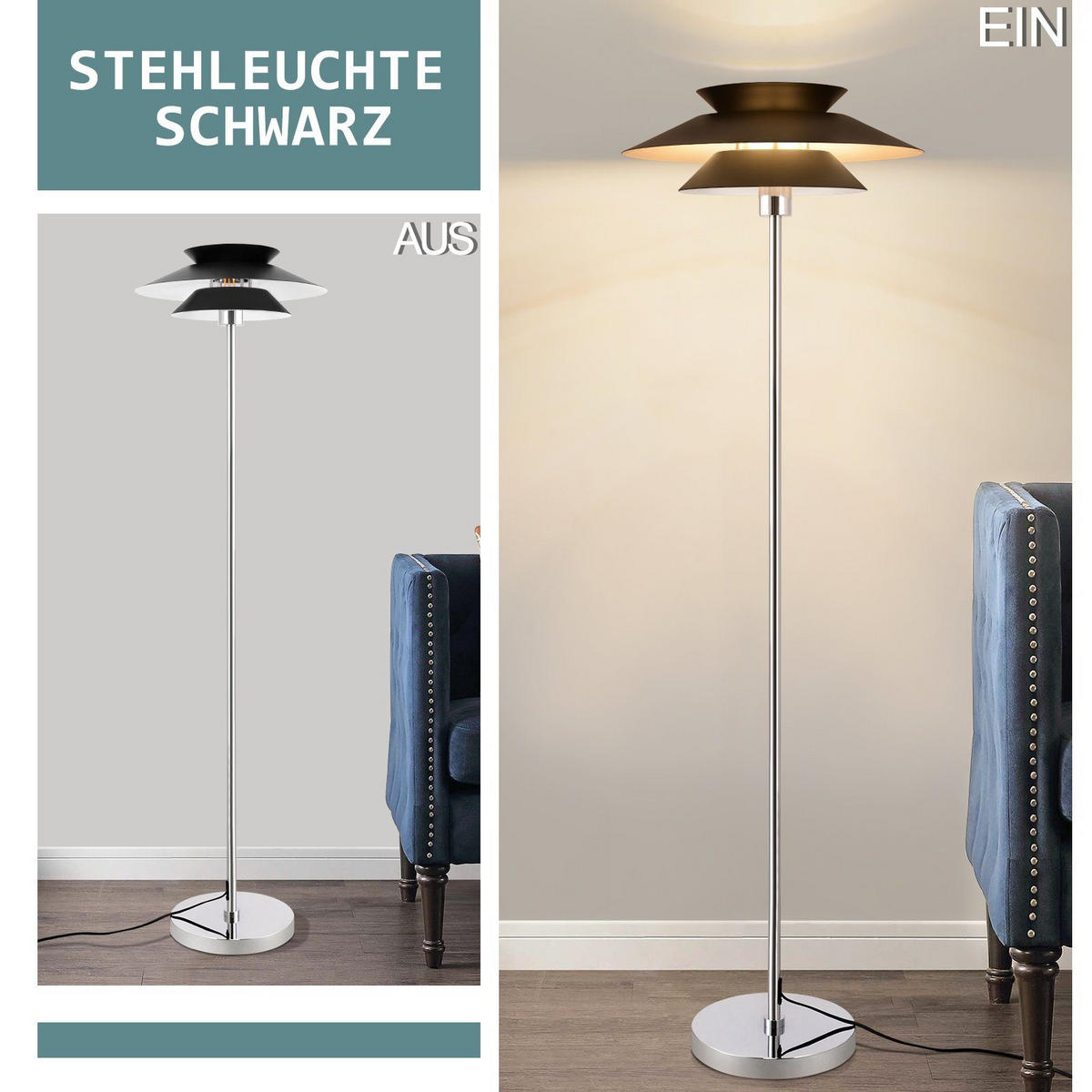 STEHLEUCHTE Albert 40/25/145 cm - Schwarz, Metall (45/22/178cm) - Nettlife