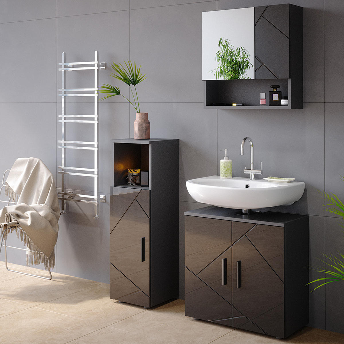 MIDISCHRANK Irma Anthrazit 30 x 95 cm - Schwarz Hochglanz/Anthrazit, Holzwerkstoff (30/95/30cm) - Vicco