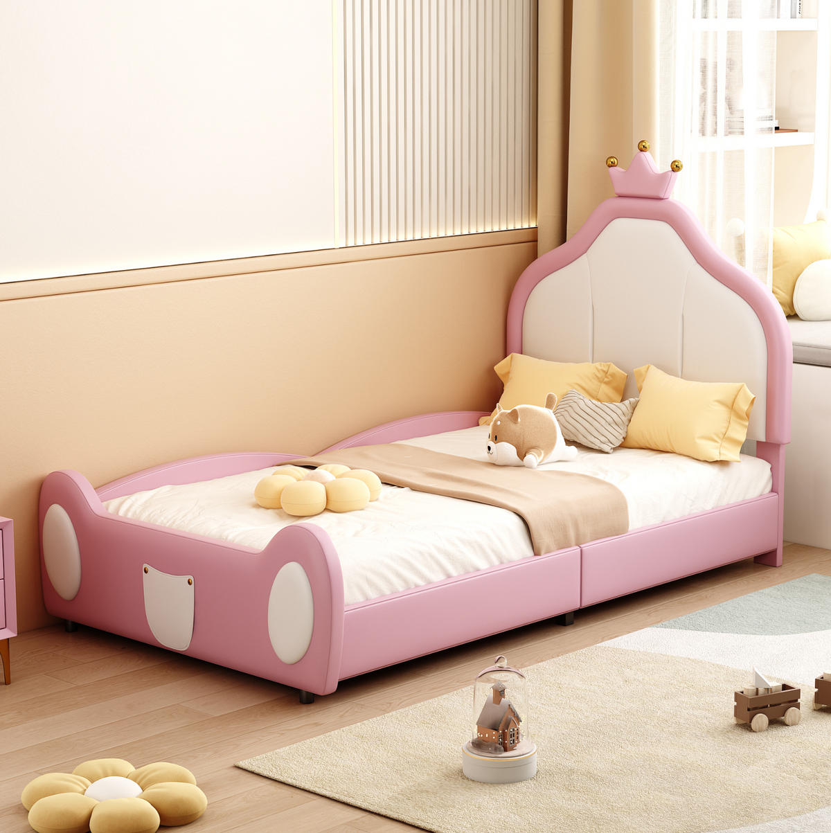 POLSTERBETT mit Kronenkopfteil 90x200 cm Kunstleder Rosa/Weiß - Pink, Holzwerkstoff (90/200cm) - Beauniv