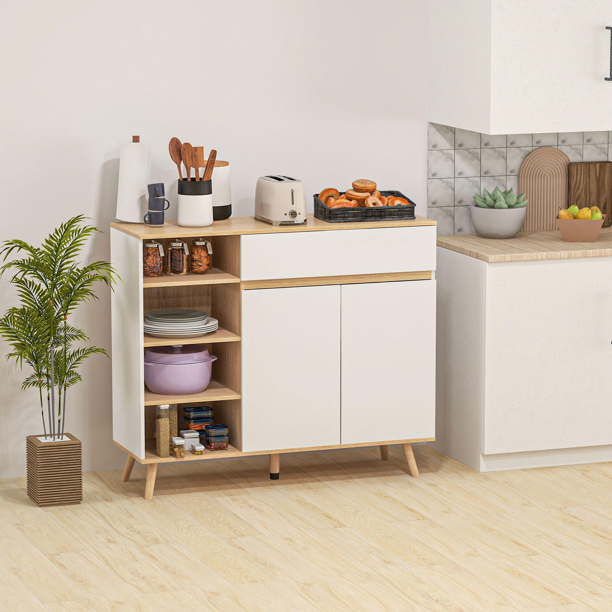 SIDEBOARD Weiß und Naturfarben, 119/40/102 cm - Weiß, Holz (119/102/40cm) - PANGIVO