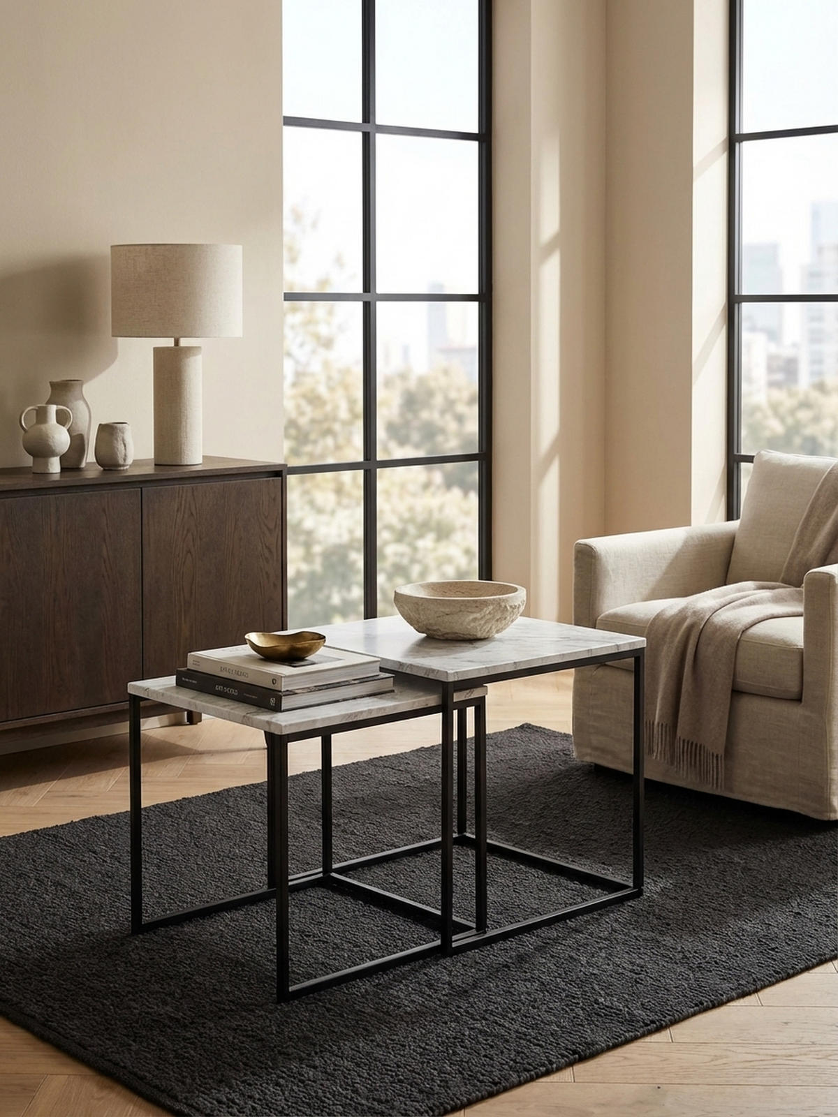 BEISTELLTISCH Set – 2-teilig Marmoroptik Metall 40x42,5x40 cm 35x39,5x35 cm - Schwarz/Weiß, Holz/Metall (40/40/42cm) - KADIMA DESIGN