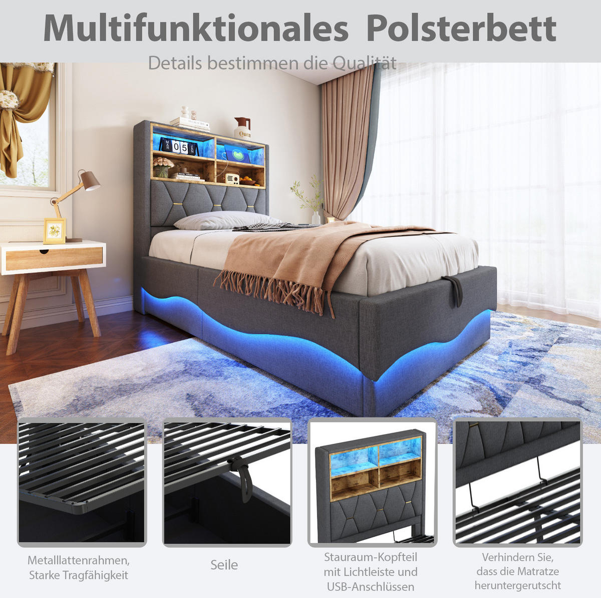 KINDERBETT 90/200 cm aus Metall mit LED-Lichtband, USB-Anschluss und Stauraum Grau - Grau, Metall (90/200cm) - Modenvie