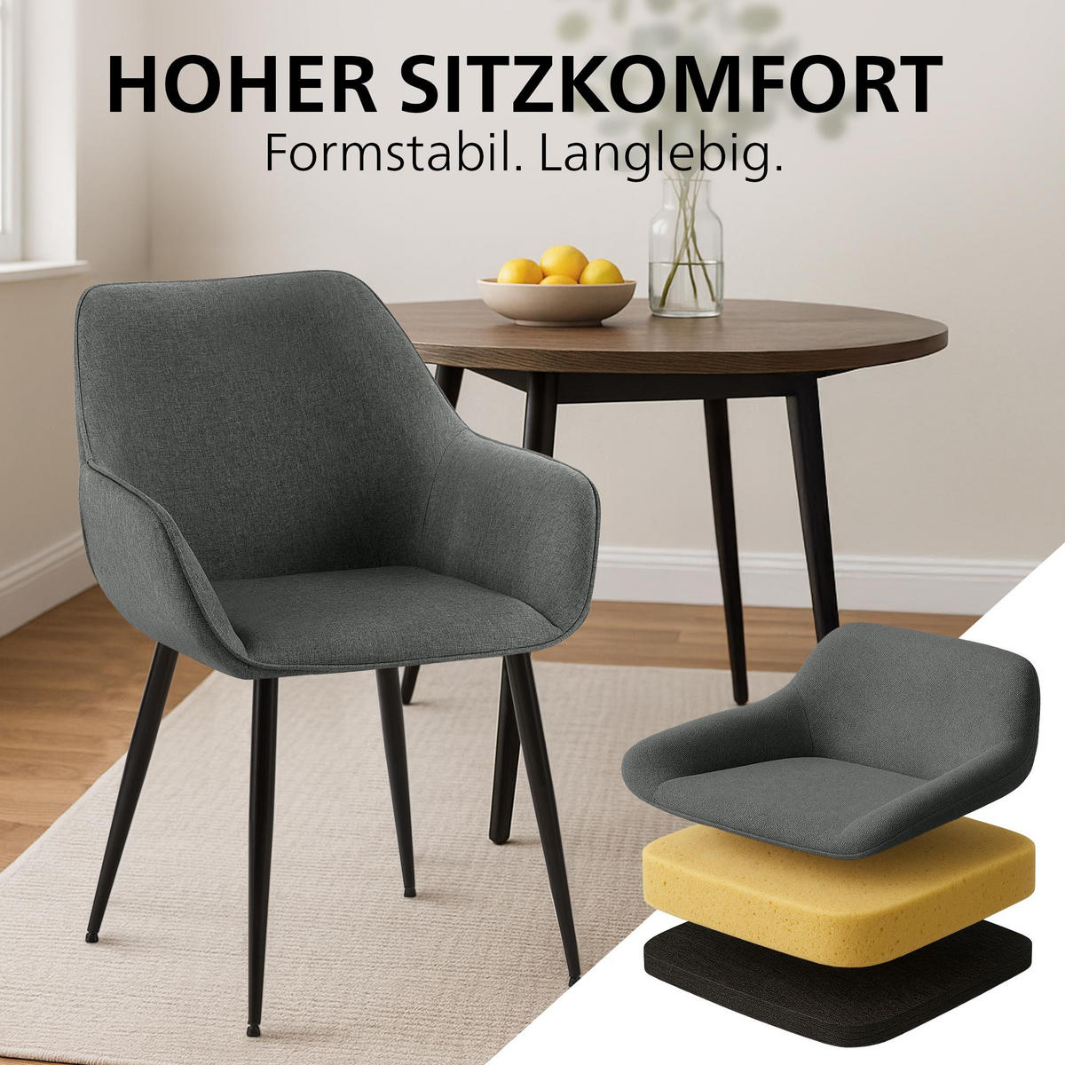 ARMLEHNENSTUHL Stoff Dunkelgrau - Dunkelgrau/Schwarz, Textil/Metall (52/82/63cm) - CLP