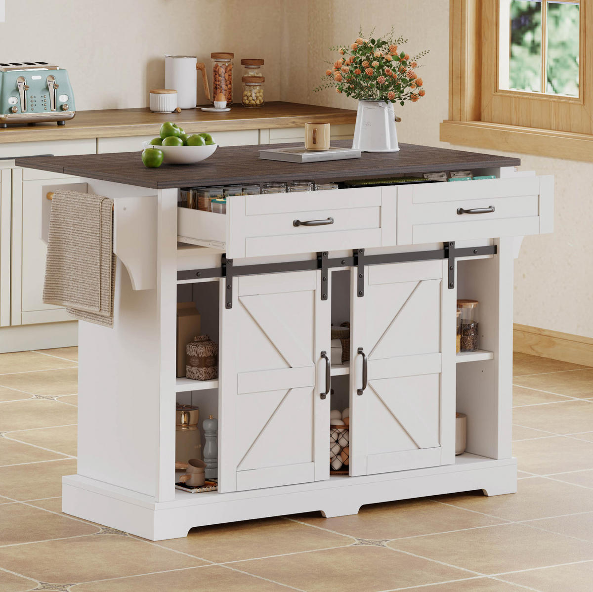 KÜCHENINSEL 120/45(70)/91 cm aus MDF mit klappbarer Arbeitsplatte, Schiebetüren und Rollen, Braun/Weiß - Braun, Holzwerkstoff (120/91/70cm) - Redom