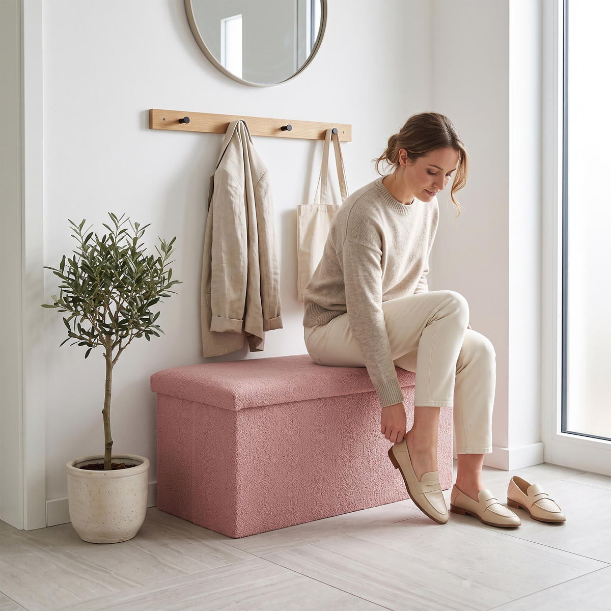 BÄNK Gammelrosa teddytyg förvaring - Pink, Träbaserade material/Textil (76/38/38cm) - Relaxdays