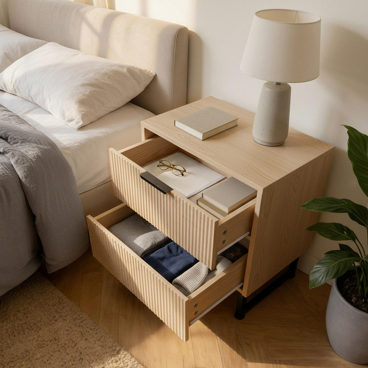 NACHTTISCH NYLA - Natur/Schwarz - Schwarz/Naturfarben, Holz (45/61/39cm) - Home Deluxe