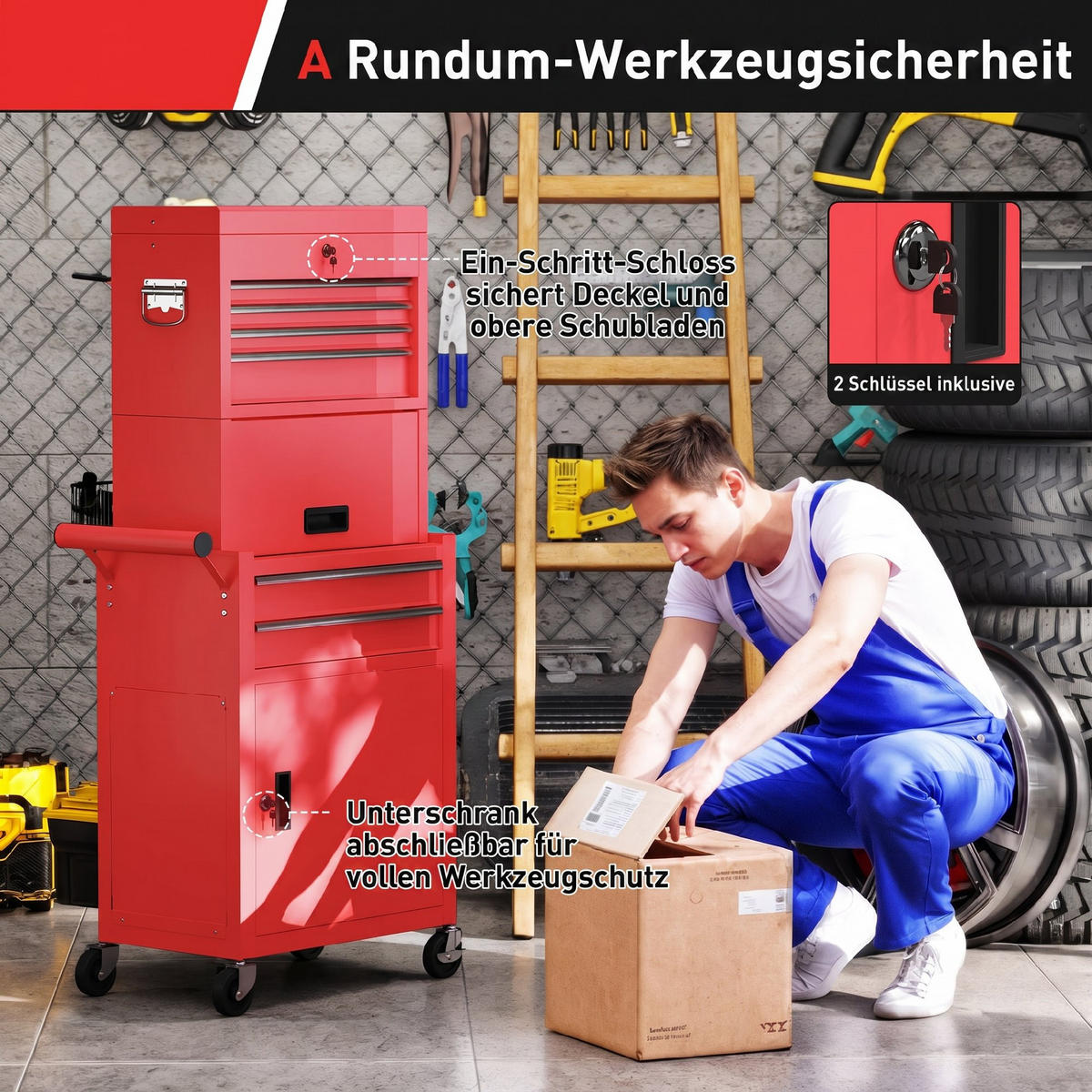 WERKSTATTWAGEN Stahl Rot - Rot, Metall (33.5/131/60.5cm) - HOMCOM