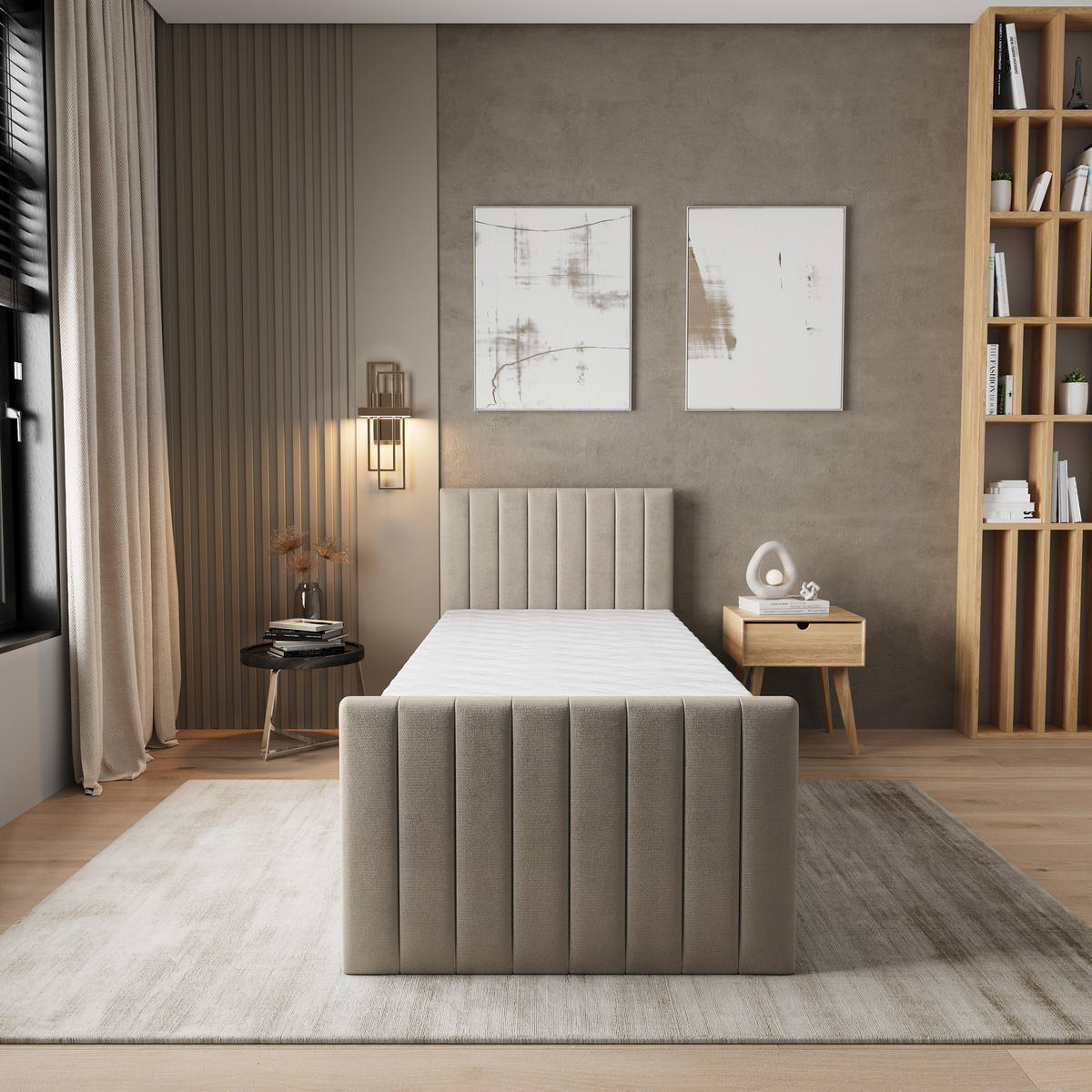 BOXBETT ARION 100 100x200 cm mit Matratze und Topper, H2+H3 - Beige - Beige, Holz (100/200cm) - MASSENO