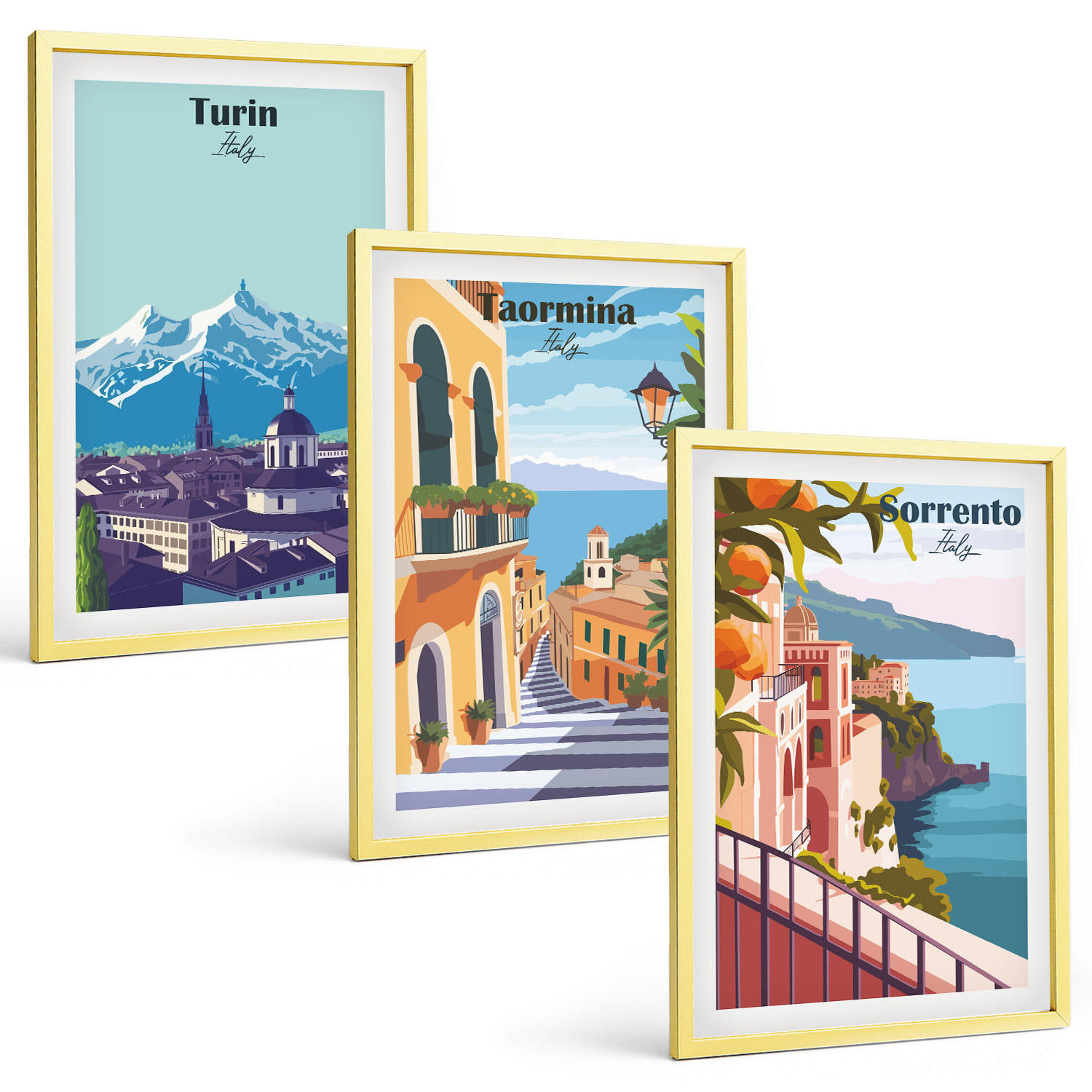 BILDER SET 3er Set - 40x60 cm Goldrahmen - Farbenfrohe Retro-Stadtansichten - Goldfarben, Kunststoff (40/60cm) - TULUP