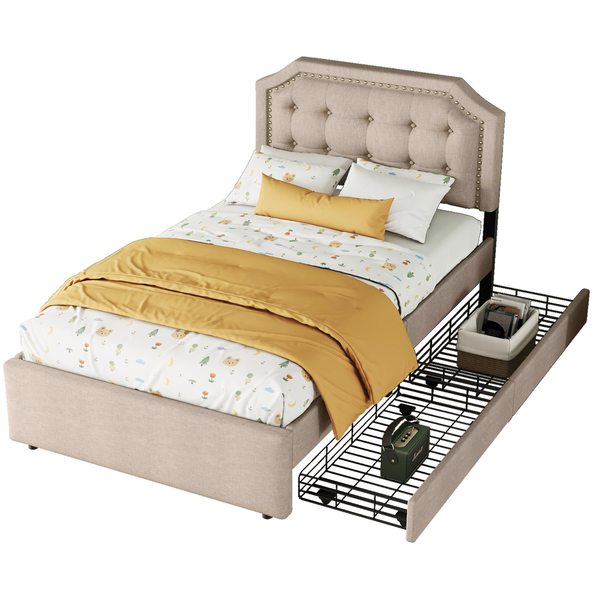 POLSTERBETT 90/200 cm Beige/Braun aus MDF mit 2 Schubladen - Beige, Textil (90/200cm) - OKMYHOME