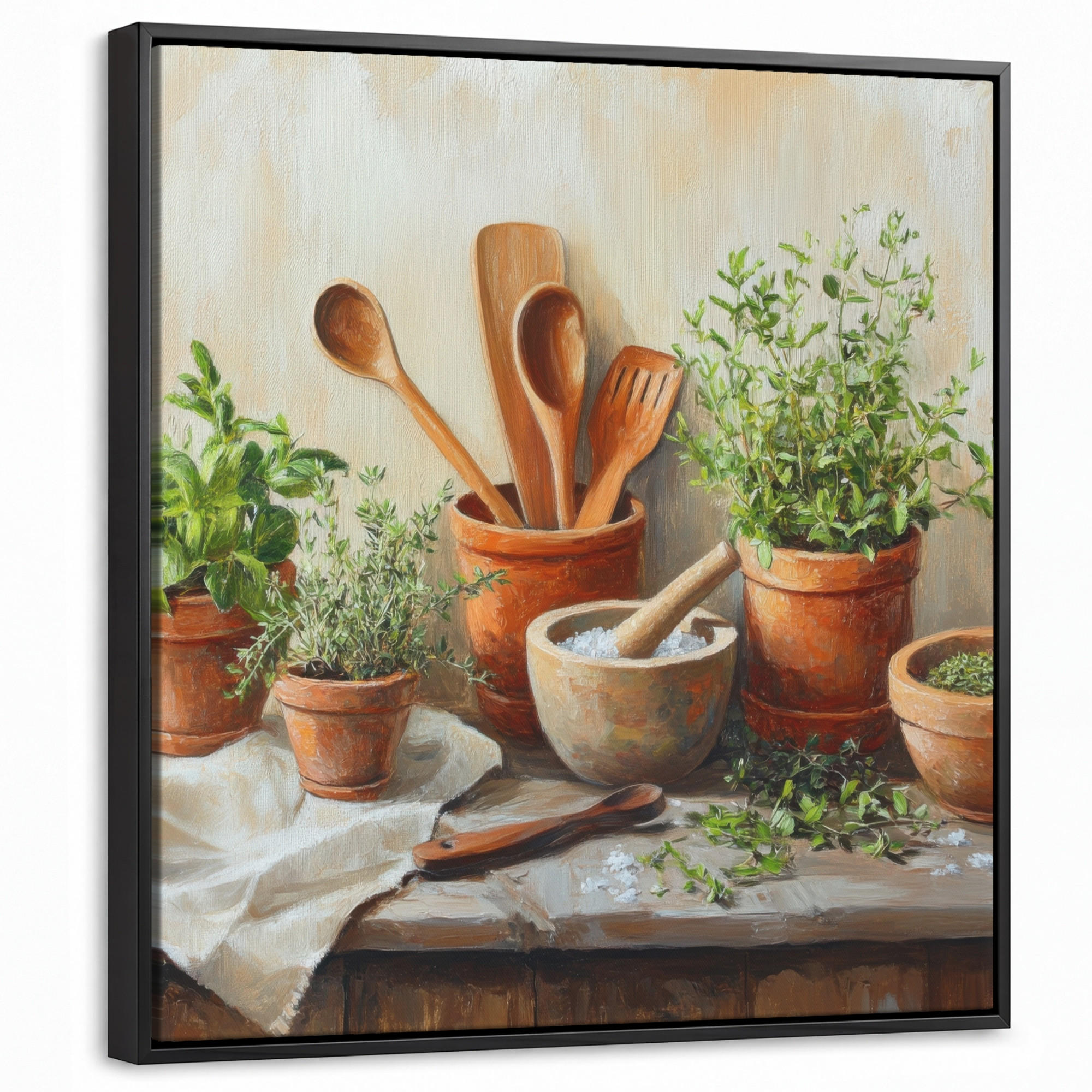 LEINWAND Bilder mit Rahmen - Töpfe - Kräuter - Holz - 50x50 - Terracotta, Textil (50/50cm) - MuchoWow
