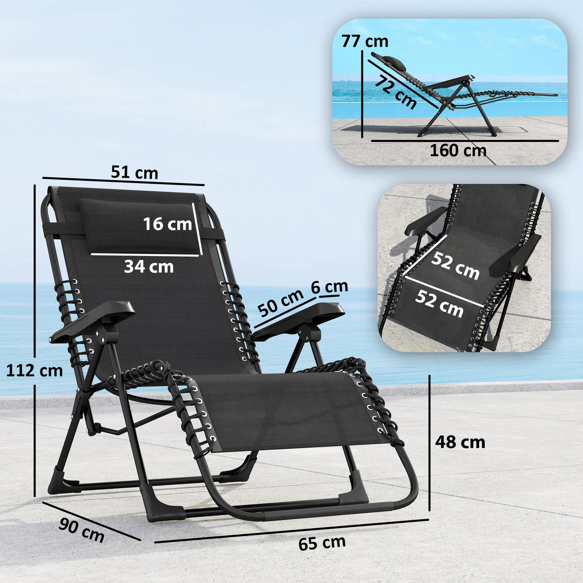 SONNENLIEGE DE-15655 2er-Set, 5-fach verstellbar mit Kopfkissen Schwarz - Schwarz, Metall (65/112/90cm) - ComfortXL