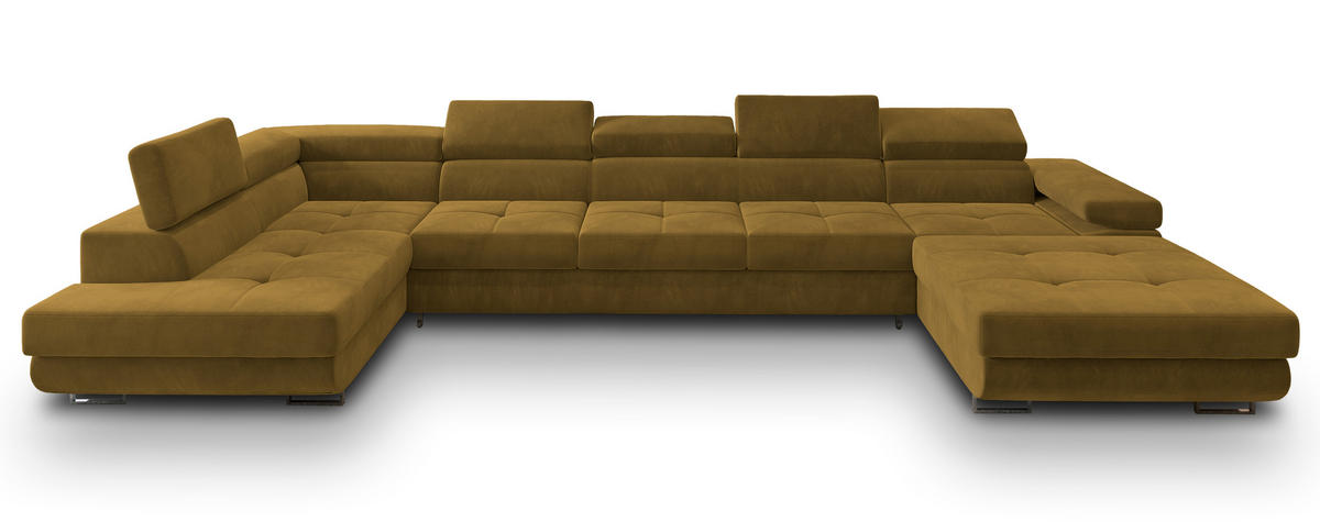 WOHNLANDSCHAFT TORIVA L-S Gelb Velours-Stoff mit Schlaffunktion - Gelb, Holz (418/90/202cm) - MASSENO