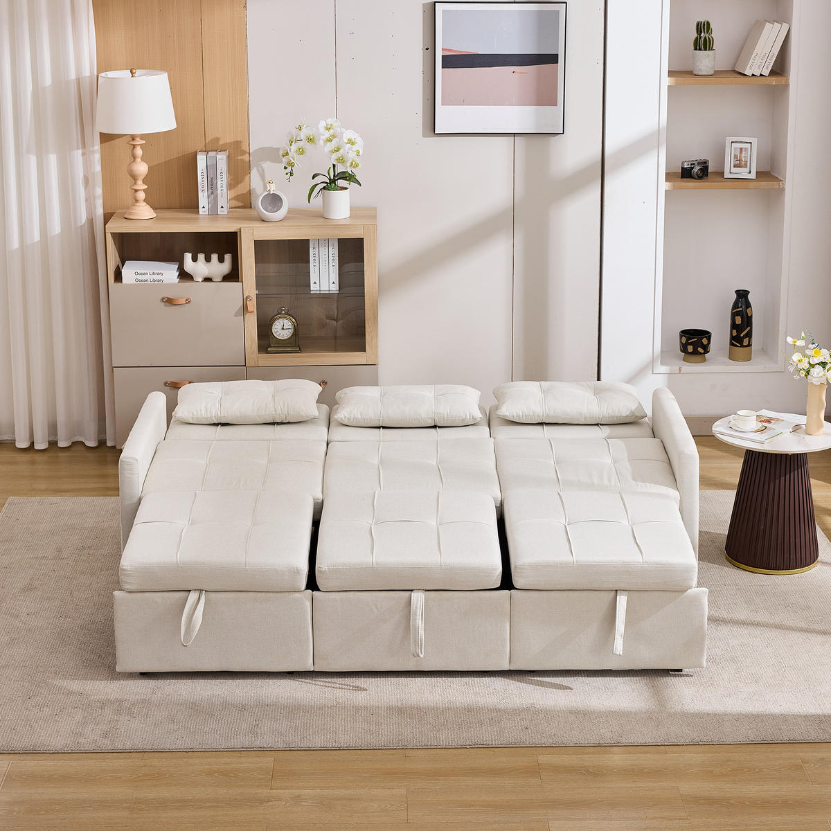 ECKSCHLAFSOFA 3-Sitzer Stoff mit verstellbarer Rückenlehne bis 180 Grad Beige 200/87/84,5 cm - Beige, Textil (87/200cm) - Redom