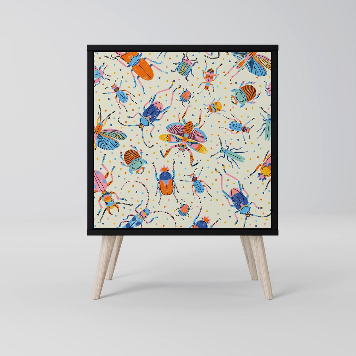 SIDEBOARD COLORFUL INSECTS, Schwarz, 57,5x42x72,5 cm, Schwarze Metallfüße - Multicolor/Schwarz, Holzwerkstoff/Metall (57.5/72.5/42cm) - SpaceRebels