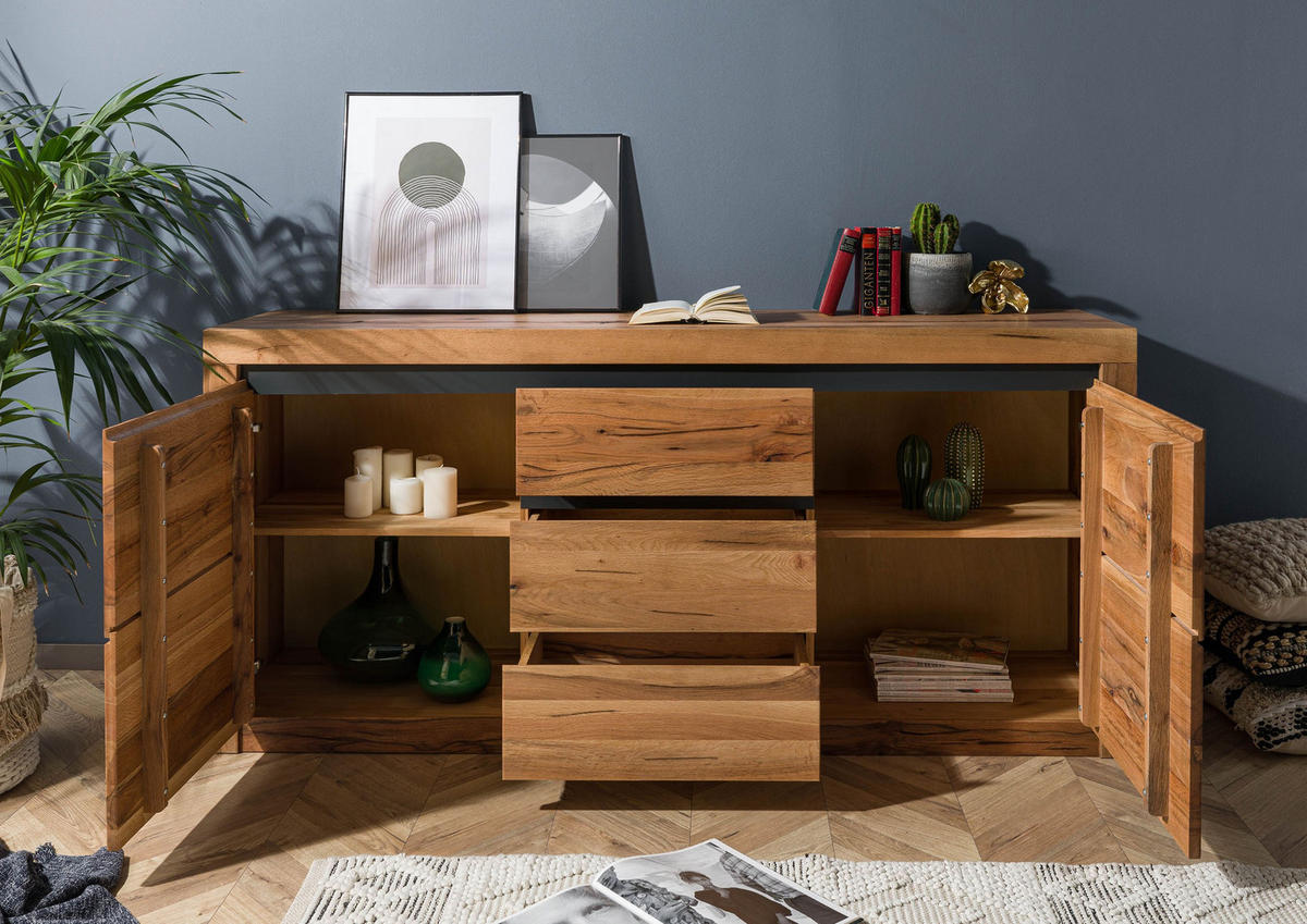 SIDEBOARD Wildeiche / Zerreiche 185x43x80 natur geölt MONTREUX #155 - Braun, Holz (185/80/43cm) - Massivmoebel24