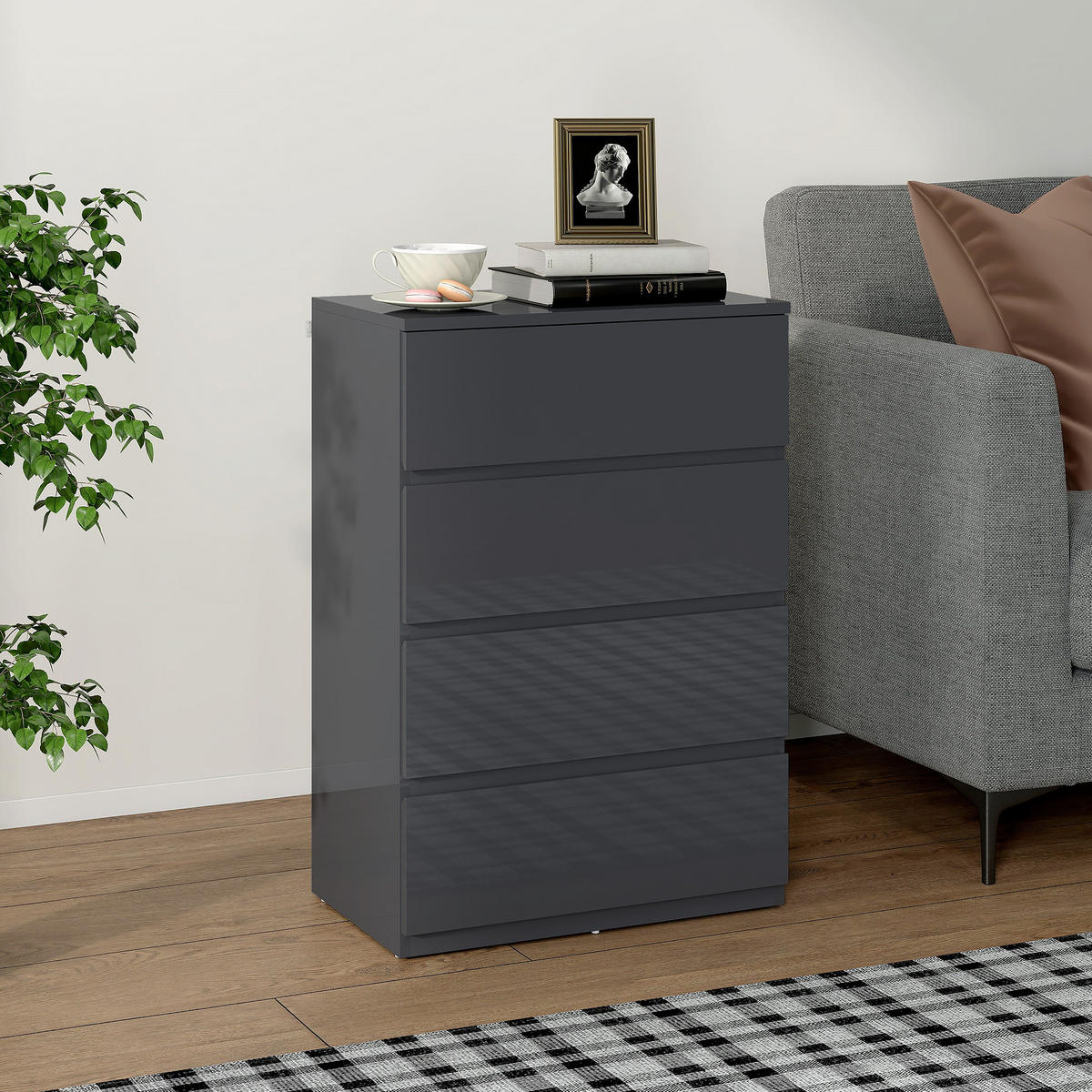 KOMOODE DE-12926 4 Schubladen, Hochglanz Grau - Grau, Holzwerkstoff (55/80/34cm) - ComfortXL