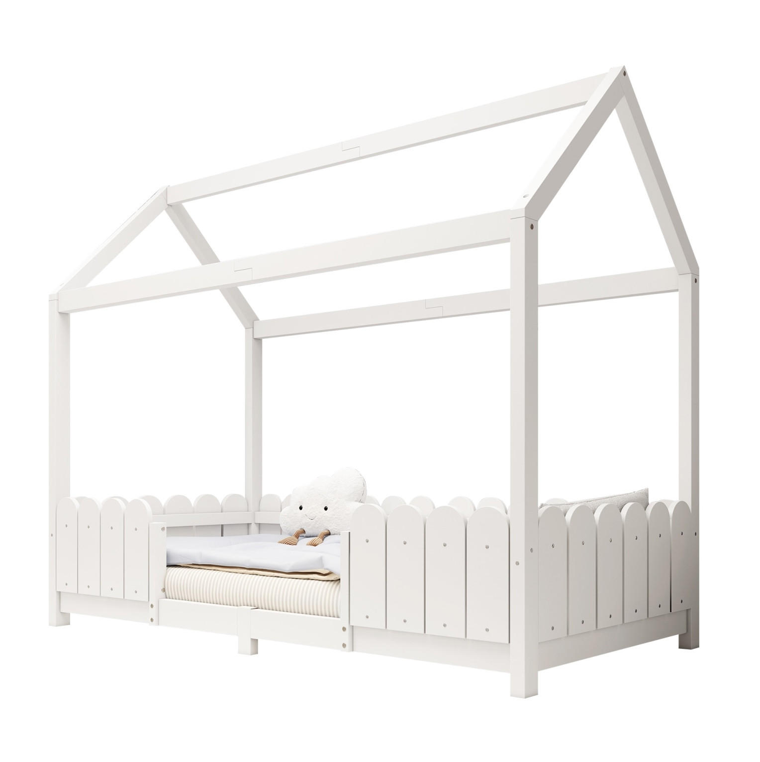 KINDERHAUSBETT 90/200 cm Weiß aus Kiefernholz und MDF mit Rausfallschutz - Weiß, Holz (90/200cm) - OKMYHOME