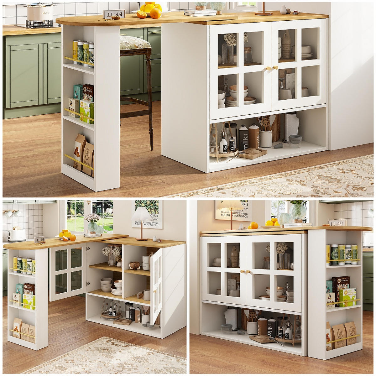 KÜCHENINSEL DREHBARE ESSBAR mit Snackregal, Sideboardschrank, MDF/Glas, Weiß, 138-204/39/102,5 cm - Weiß, Kunststoff (39/102.5/138cm) - Rolipo
