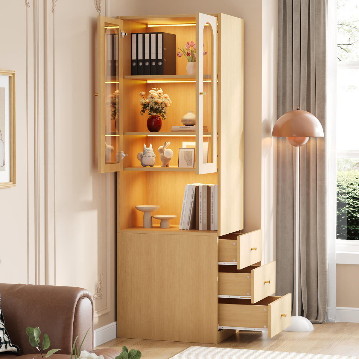 BÜCHERREGAL Hochschrank 60cm Holz Glas LED modern - Eichefarben, Holzwerkstoff (60/200/40cm) - FLIEKS