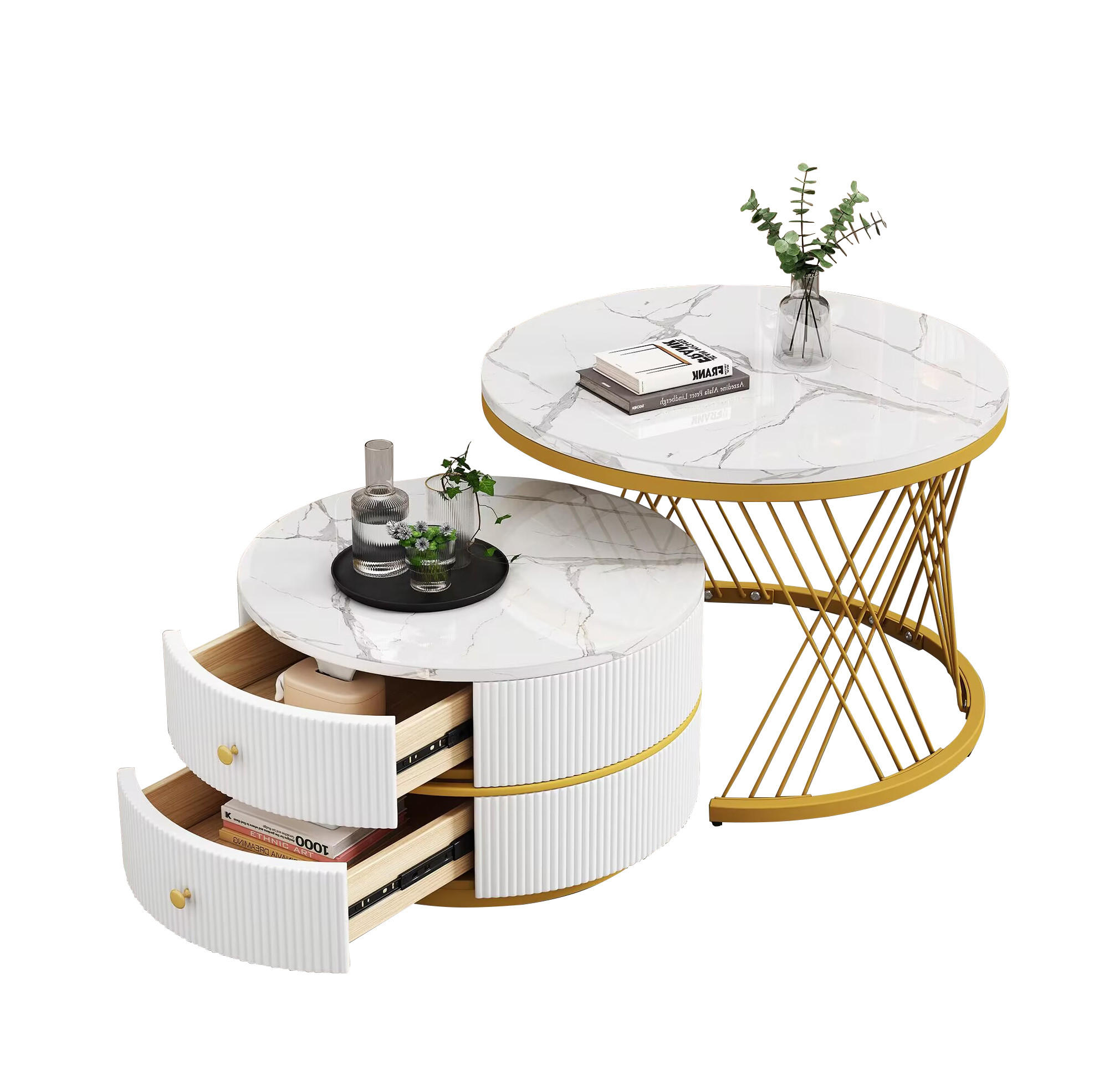 Modfu SADA konferenčních stolků z MDF 60x60x46/50x50x30,8 cm bílá se 2 zásuvkami a lesklým mramorovým dekorem