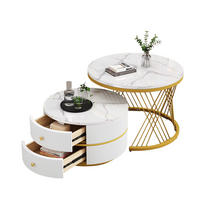 COUCHTISCH-SET aus MDF 60x60x46 cm & 50x50x30,8 cm Weiß mit 2 Schubladen und hochglänzender Marmoroptik - Weiß, Holzwerkstoff (60/60/46cm) - Modfu