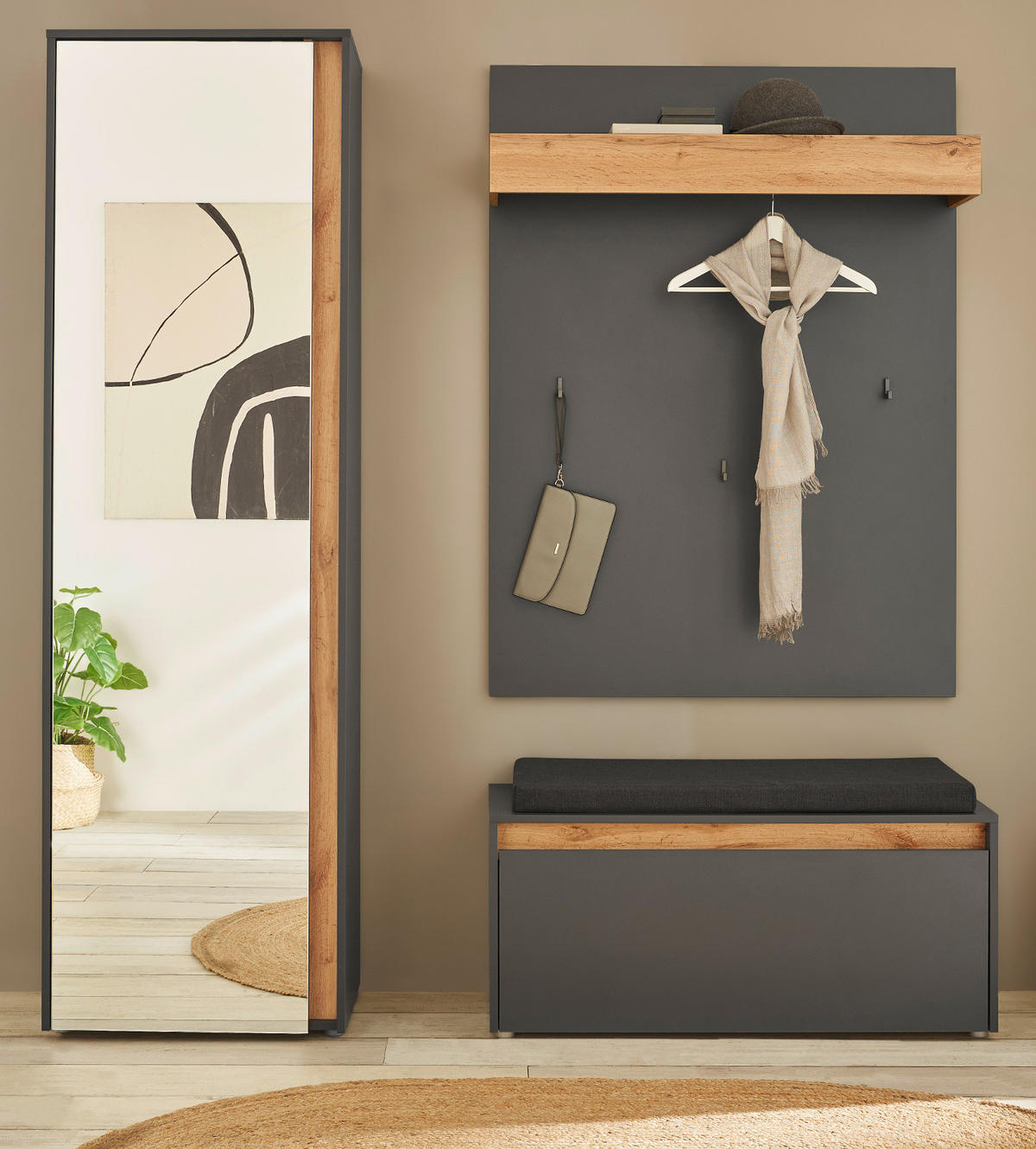 GARDEROBEN-SET 4-teilig grau, Eiche Wotan 170 cm, Garderobenkombination inklusive Sitzkissen - Silberfarben/Eiche Wotan, Glas/Holzwerkstoff (170/200/40cm) - Furn.Design