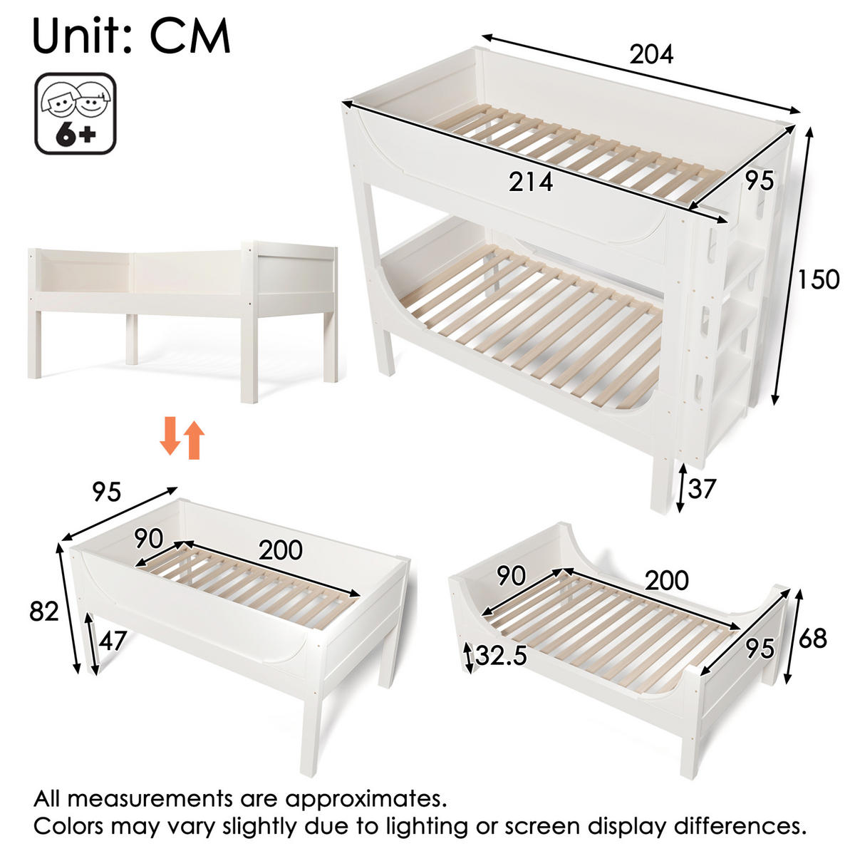 ETAGENBETT 90/200 cm trennbar mit flexibel montierbarer Leiter und Schlittenform, Weiß - Weiß, Holzwerkstoff (90/200cm) - Redom