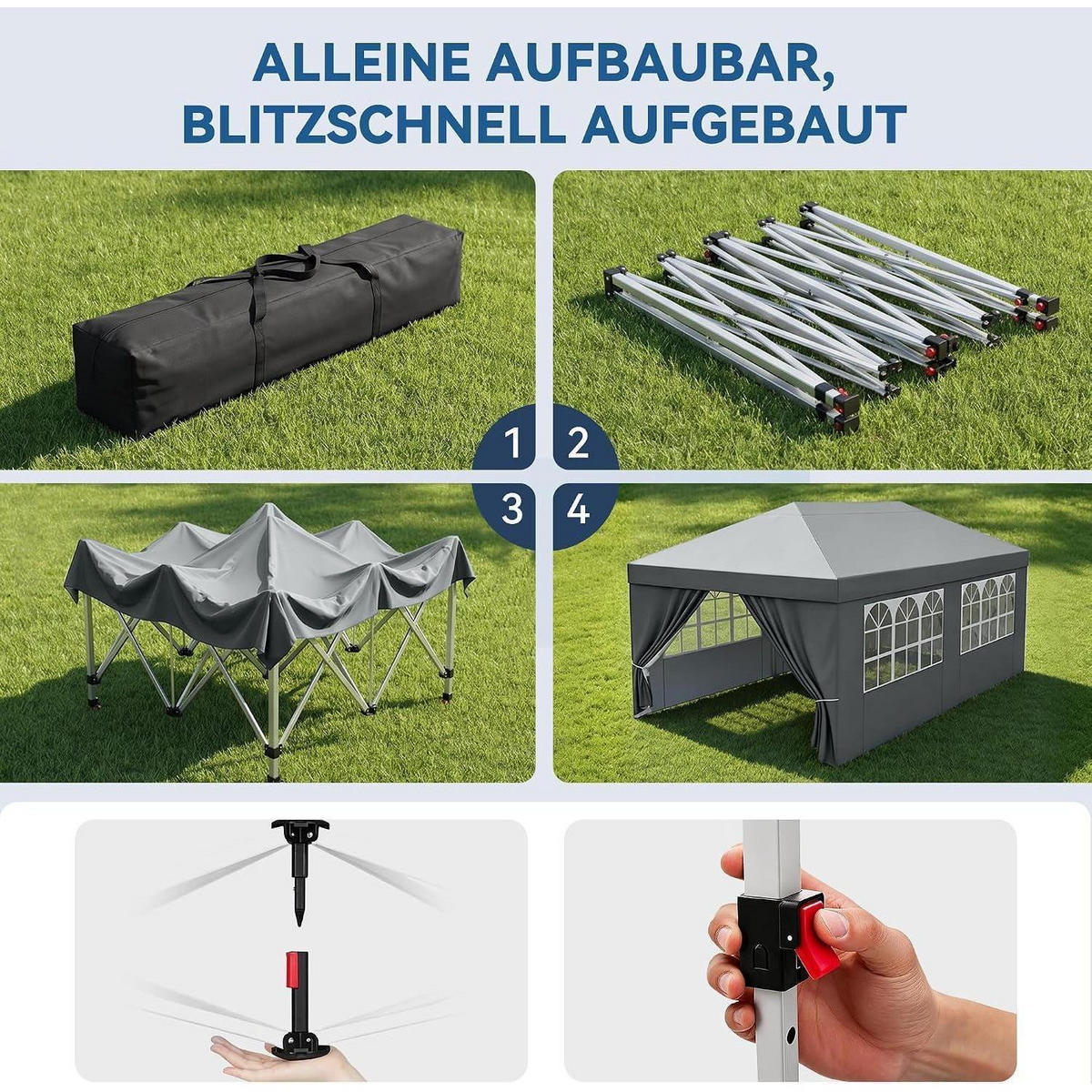 GARTENPAVILLON 3 x 6 m Grau Wasserdicht UV-Schutz 50+ mit 4 Seitenteilen - Grau, Textil (300/265/600cm)