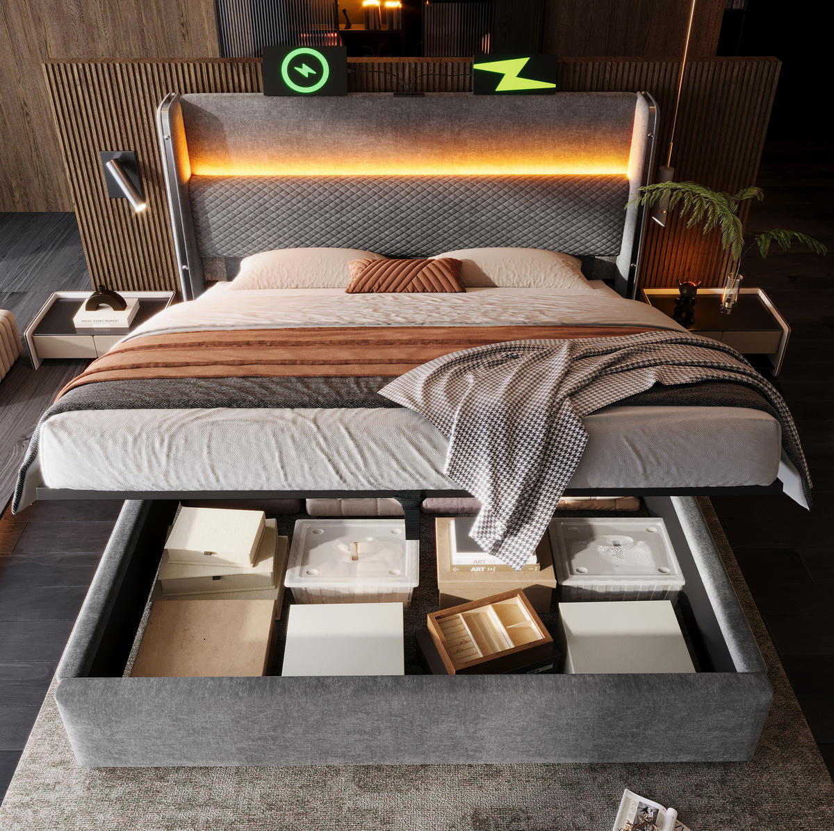 ČALOUNĚNÁ postel 180/200 cm šedá z lnu s LED osvětlením, USB a úložným prostorem - šedá, textil (180/200cm) - OKWISH