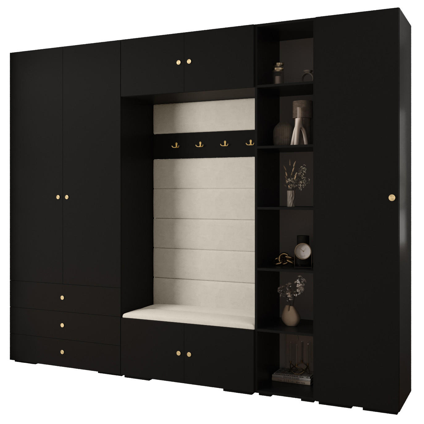Abiks Möbel Garderoben-Set Schwarz, Beige, Gold 290x236.7x47 cm