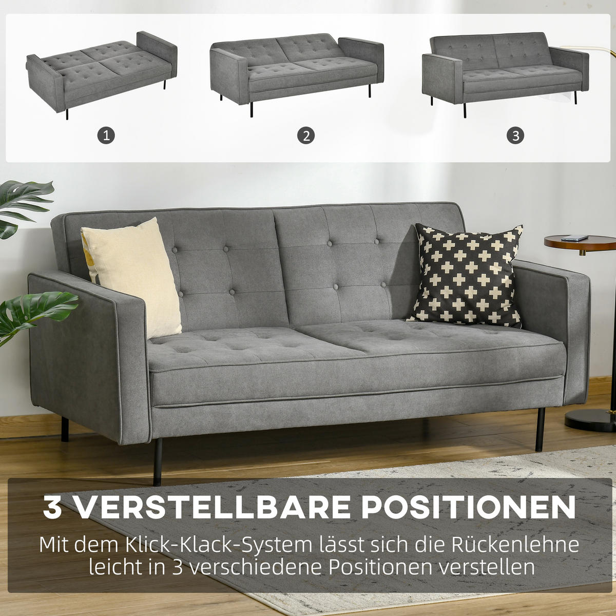SCHLAFSOFA Baumwollstoff Eukalyptus Grau - Grau, Textil (91/85/187cm) - HOMCOM