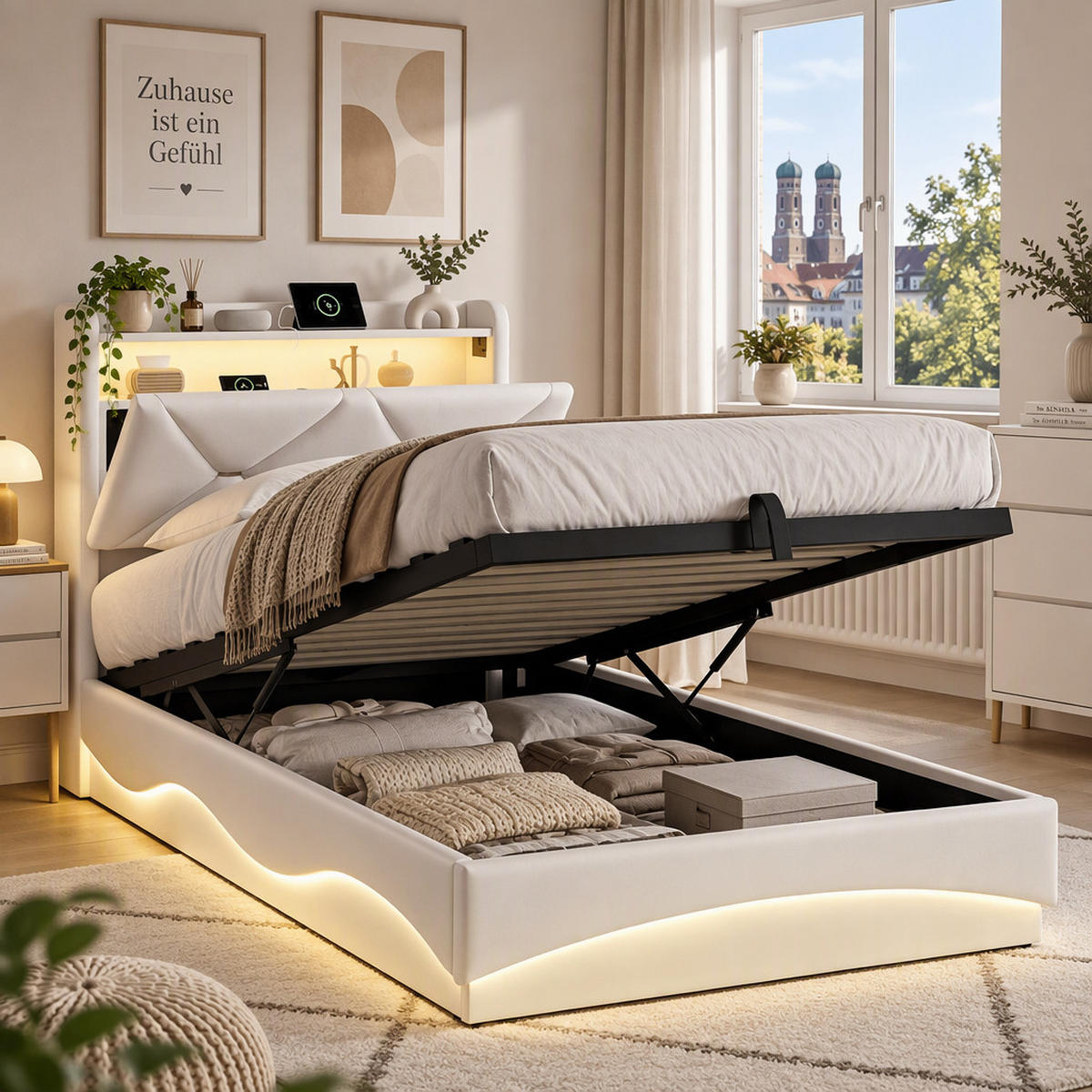 POLSTERBETT 90/200 cm，LED Bett Beige mit Stauraum & USB,Lattenrost - Beige/Naturfarben, Holz/Textil (90/200cm) - FURNISHINGS HOME