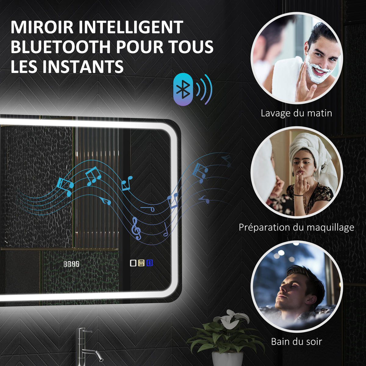 BADEZIMMERSPIEGEL DE-15201 mit Bluetooth, Uhrzeit und Antibeschlag Silber - Silberfarben, Glas (3.5/70/50cm) - ComfortXL