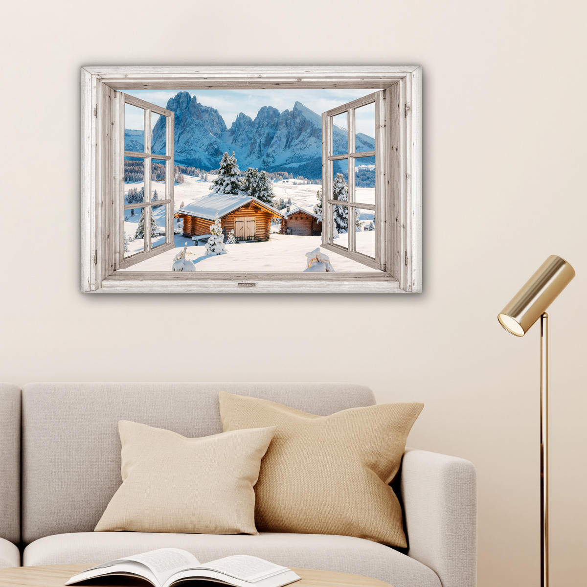 LEINWANDBILD Winterlandschaft - Hütte - Berge - Ausblicke - Aussicht - Natur Gemälde 60x40 cm - Weiß Hochglanz, Textil (60/40cm) - MuchoWow