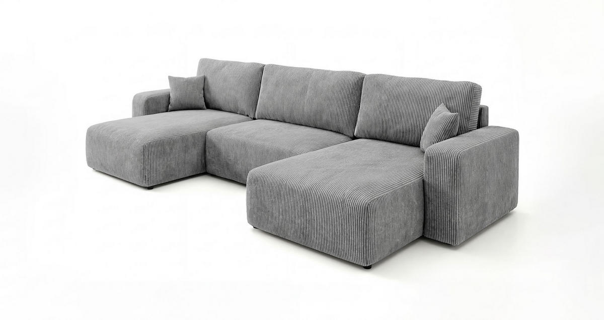 WOHNLANDSCHAFT BERLIN U-Form grau Cord Poso 55 - Schlaffunktion, Bettkasten - Grau, Textil (385/86/185cm) - Cornero