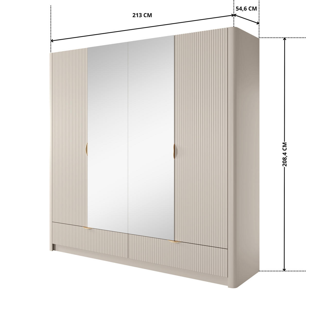 KLEIDERSCHRANK Flore 4-türig Beige / Gold - 213 cm - mit Spiegel - Beige/Gelb, Holz/Holzwerkstoff (213/208/55cm) - Ravio