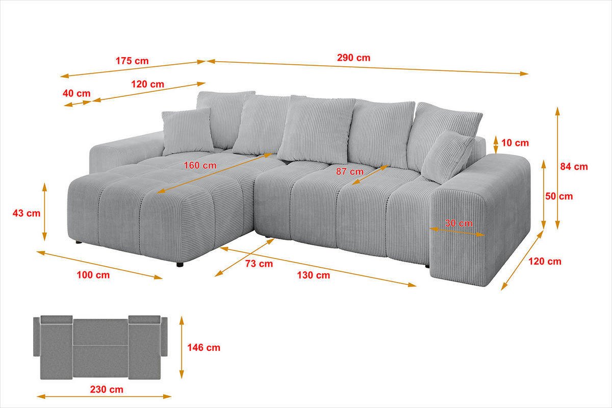 ECKSOFA Ottomane links/rechts ENIL-L 290x175x84 Grau Cord - Grau, Holzwerkstoff/Kunststoff (290/175cm) - ALTDECOR