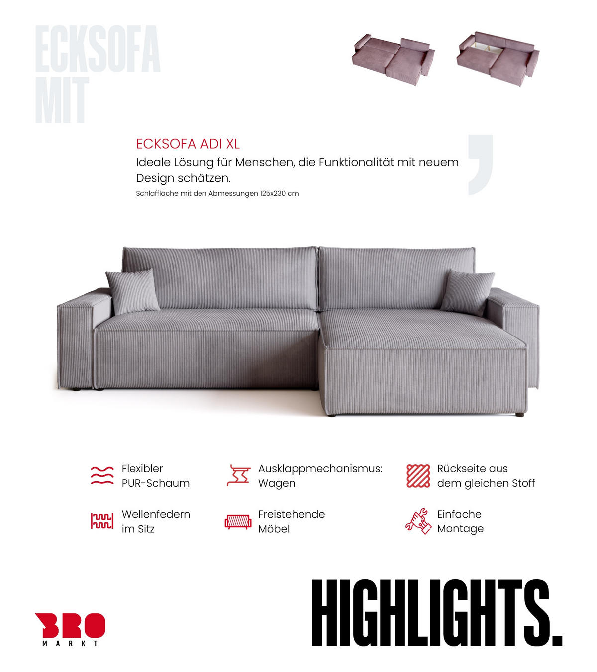 ECKSOFA ADI XL mit Schlaffunktion Hellgrau Cord - Hellgrau, Textil (272/143cm) - Bromarkt