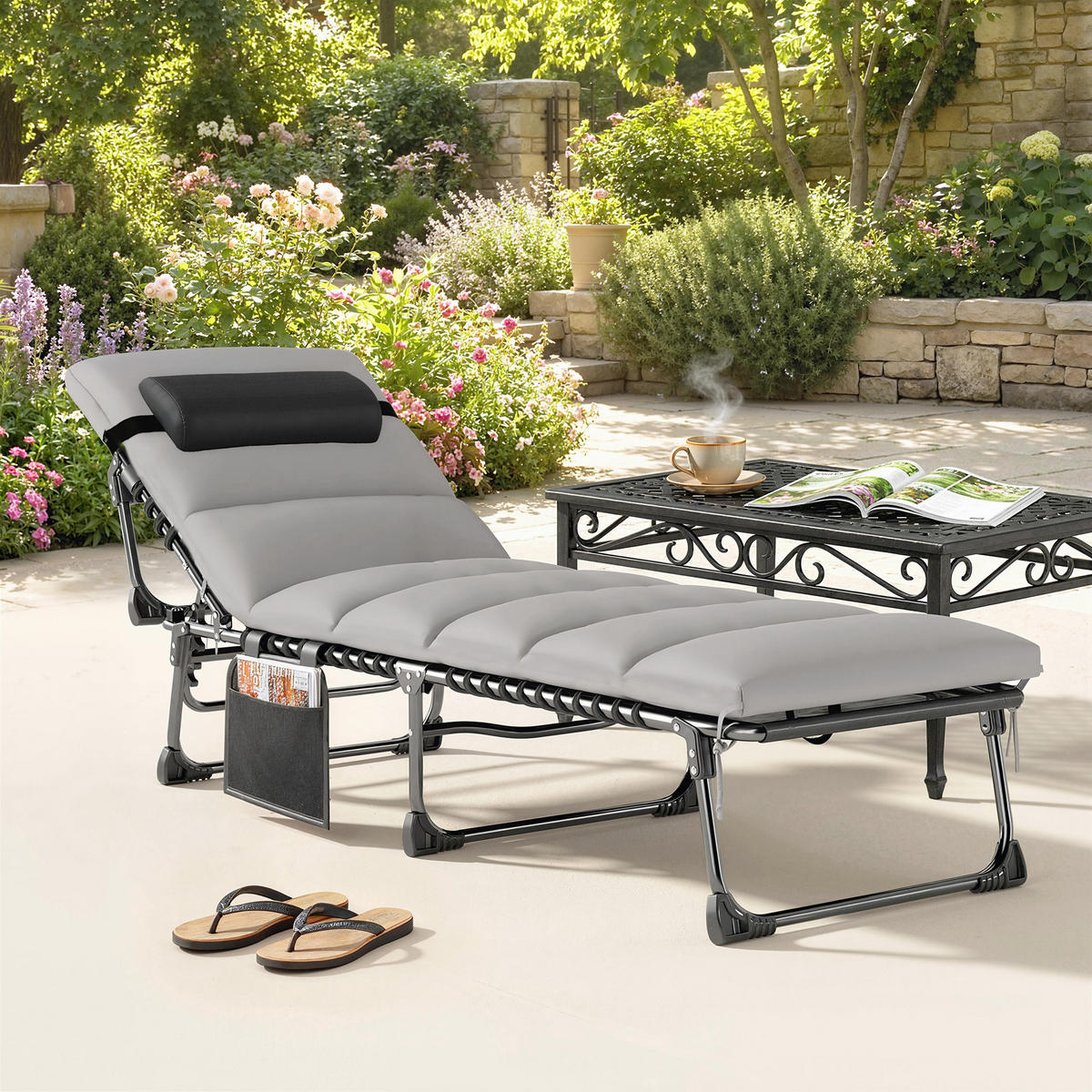 SONNENLIEGE Stahl Hellgrau - Hellgrau/Schwarz, Textil/Metall (57/38/200cm) - Outsunny