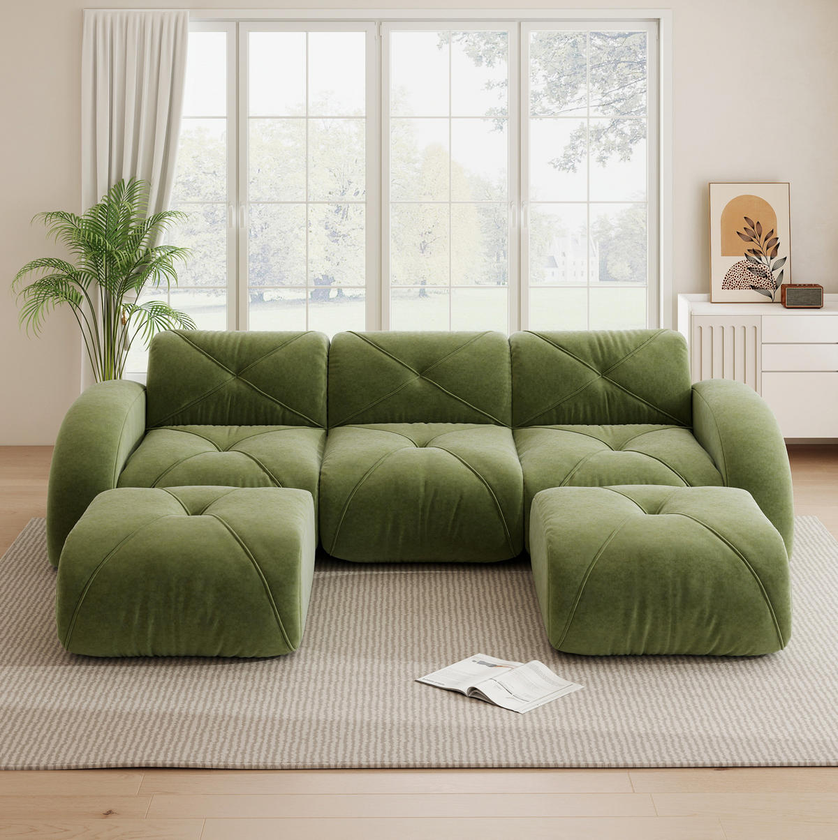 WOHNLANDSCHAFT Grün aus Chenille mit Hockern und rahmenlosem Design - Grün, Textil (171/76/281cm) - Flora Grace