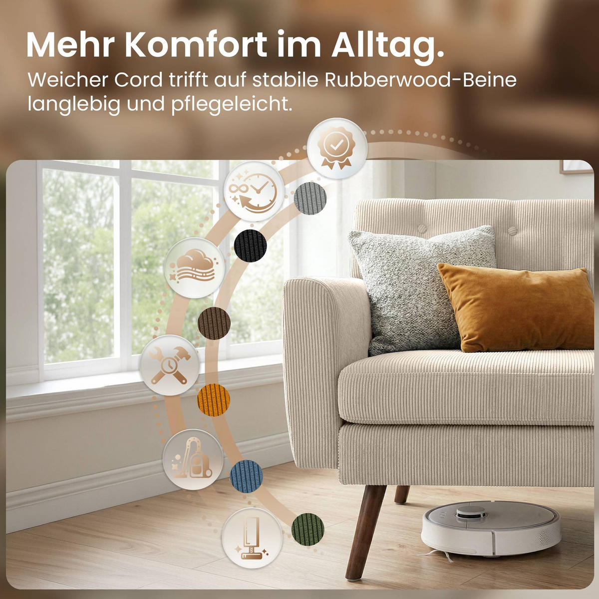 SOFA 120/74 cm Cord Creme - Creme/Braun, Holz/Textil (120/81/74cm) - CLP