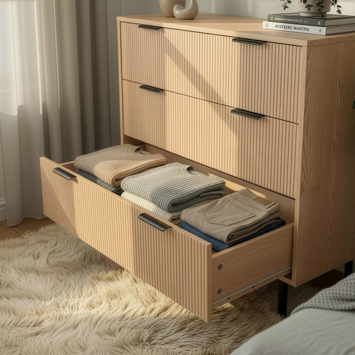 KOMMODE NYLA - Natur/Schwarz, 90 x 80 cm - Naturfarben, Holzwerkstoff (90/80/42cm) - Home Deluxe