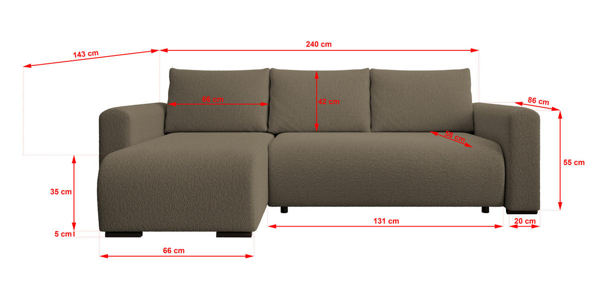 ECKSOFA DORA L, Eckcouch in L-Form mit Schlaffunktion und Bettkasten, Farbe: Cappuccino, Bouclé-Stoff, Ottomane Links - Cappuccino, Textil (240/143cm) - Storez24