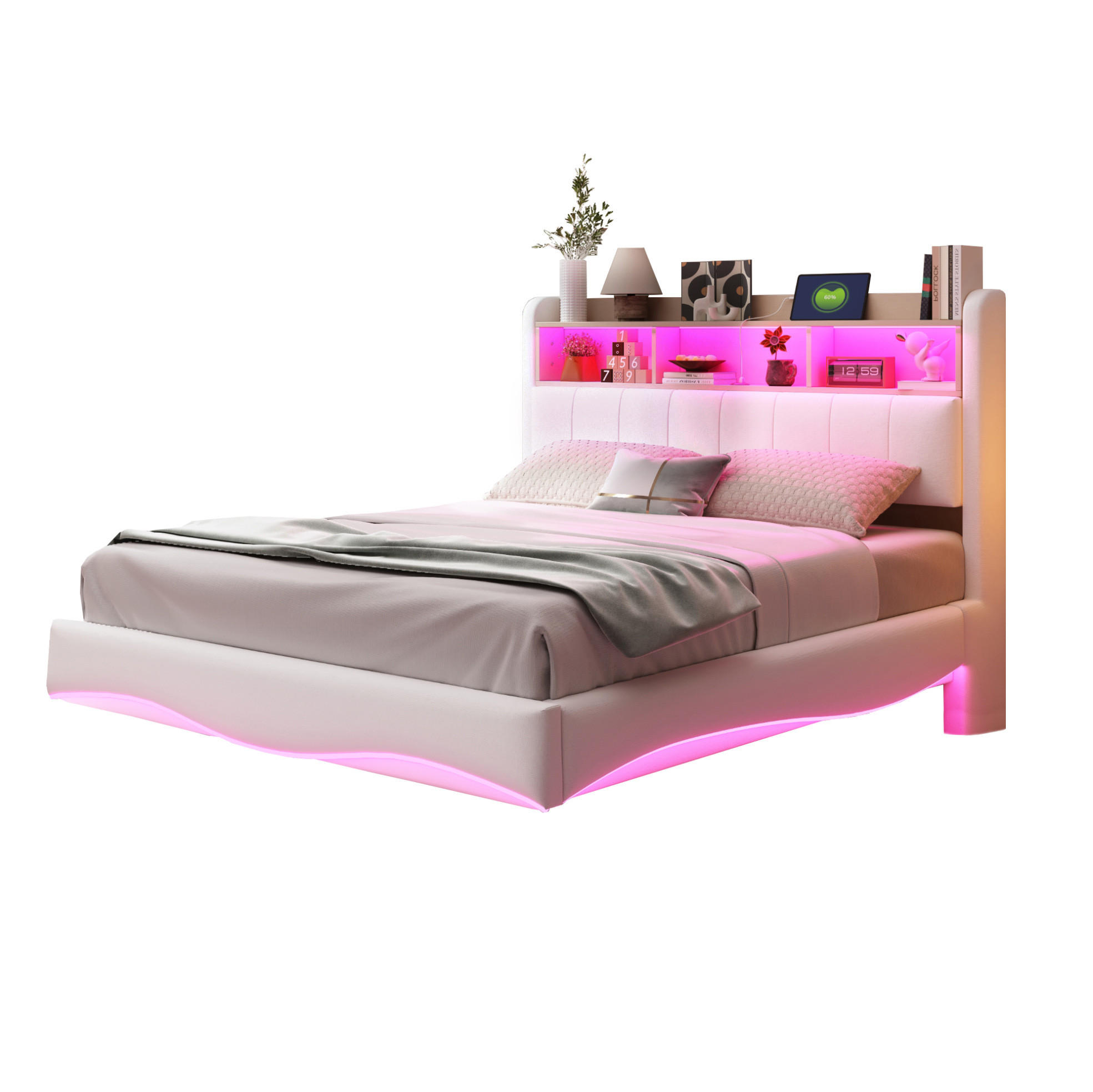 OBLAZINJENA postelja 140/200 cm z LED osvetlitvijo, USB in priključkom Type-C ter shranjevanjem, Bež - bež, tekstil (140/200cm) - Redom
