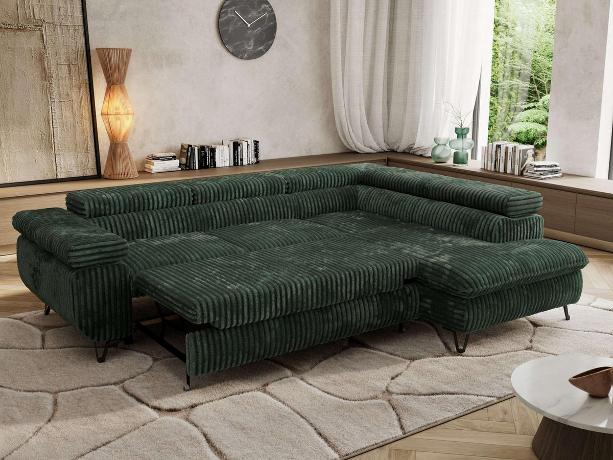 ECKSOFA PABLO L Grün Cord - Rechts Seite mit T25 Topper - Schwarz/Grün, Textil/Metall (273/208cm) - MKS