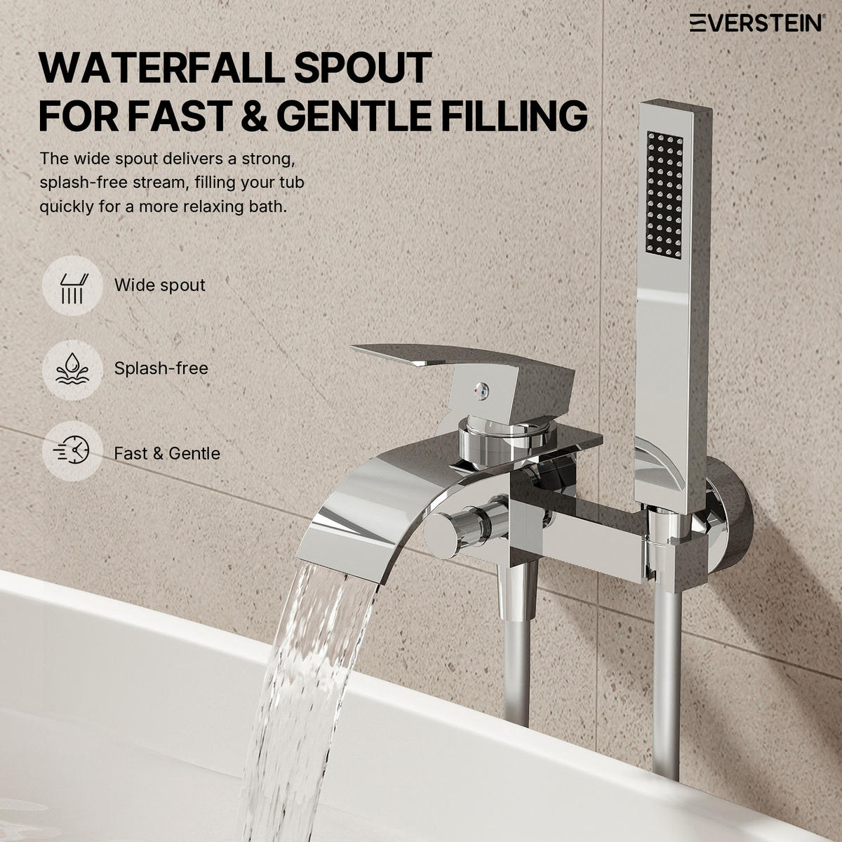 BADEWANNENARMATUR SFS-5005 Chrom, Aufputz mit Wasserfallauslauf 200 mm Handbrause 1500 mm Einhebel 150 mm Stichmaß - Chromfarben, Metall (6/20/23cm) - Everstein