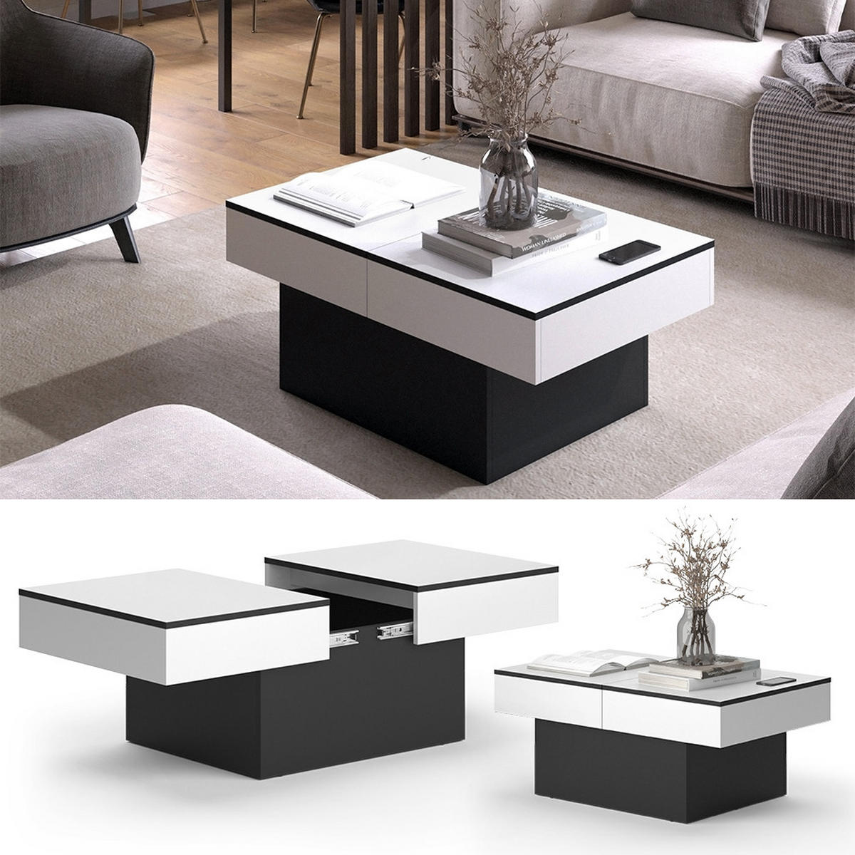 COUCHTISCH Boto Schwarz 95 x 58 cm Ausziehbar - Schwarz, Holzwerkstoff (58/95/40cm) - Vicco