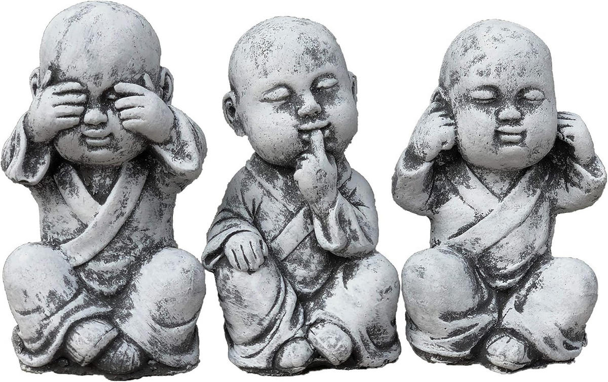 STEINFIGUR 3er Set Buddha Mönche Nichts sehen, Nichts hören, Nichts Sagen, Frostfest - Grau, Stein (8/13/8cm) - stoneandstyle