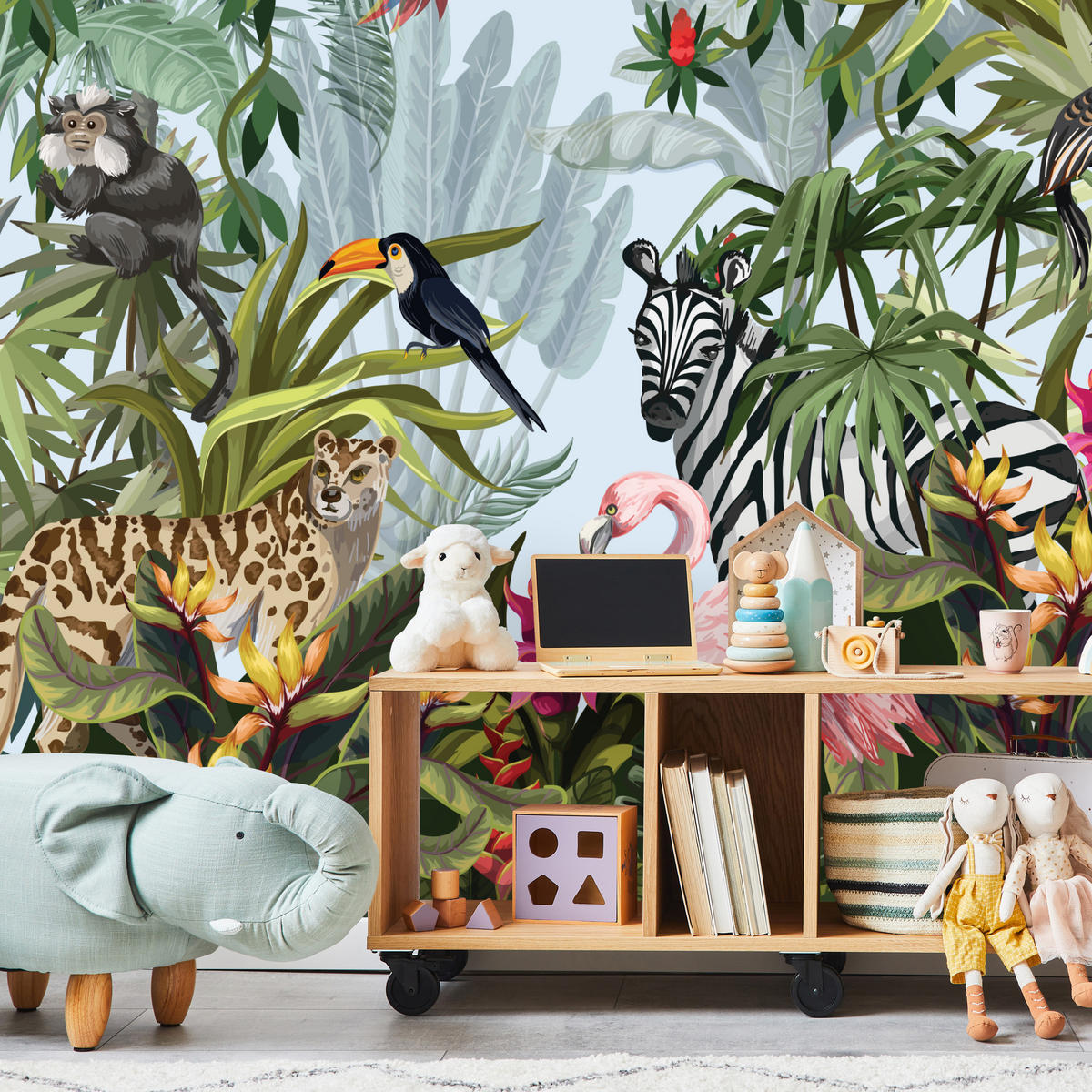 FOTOTAPETE für Kinderzimmer Tropische Pflanzen Tiere Flamingo Rippen 200x140 - Multicolor, Papier (200/140cm) - Muralo